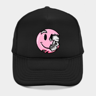 Creepy Pastel Goth Pink Smiley Face Skull Emoji Hat