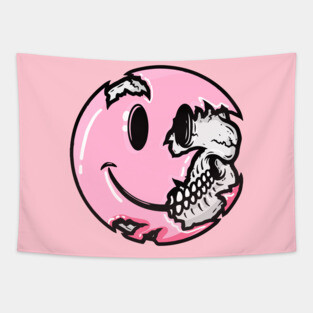Creepy Pastel Goth Pink Smiley Face Skull Emoji Tapestry