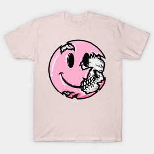 Creepy Pastel Goth Pink Smiley Face Skull Emoji T-Shirt