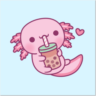 Cute Little Axolotl Loves Bubble Tea Posters and Art