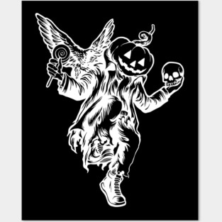 Punk Jack O Lantern Dancing Halloween Pumpkin with Crow White Posters and Art