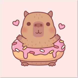 Cute Capybara With Pink Frosting Donut Posters and Art