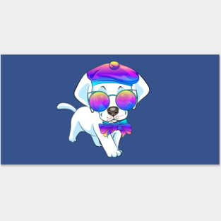 Labrador Retriever dog in sunglasses, bow and beret Posters and Art