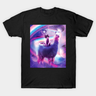 Kitty Cat Riding On Rainbow Llama In Space T-Shirt