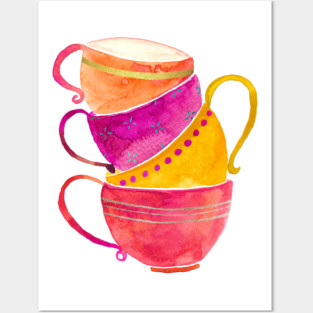 Pink, orange and yellow stacked tea cups Posters and Art