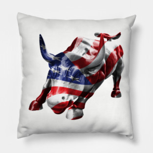 Wall Street Bull with American Flag Overlay Pillow