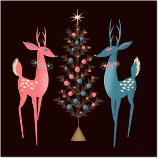 Midcentury Pink And Aqua Holiday At The North Pole Posters and Art