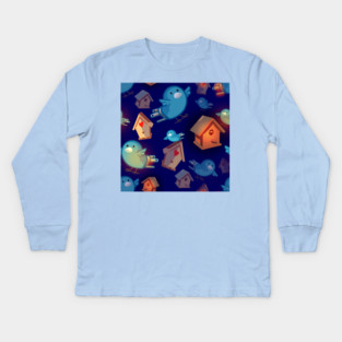 Soulful Blue Canaries and Glowing Birdhouses Hearts Bluebirds Kids Long Sleeve T-Shirt