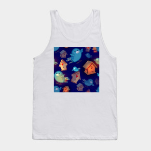 Soulful Blue Canaries and Glowing Birdhouses Hearts Bluebirds Tank Top