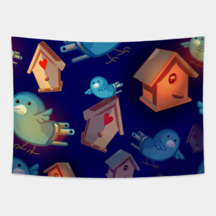 Soulful Blue Canaries and Glowing Birdhouses Hearts Bluebirds Tapestry