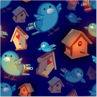 Soulful Blue Canaries and Glowing Birdhouses Hearts Bluebirds Posters and Art