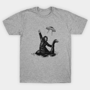 Bigfoot riding the Loch Ness monster with a UFO T-Shirt