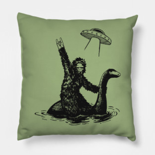 Bigfoot riding the Loch Ness monster with a UFO Pillow