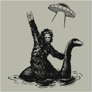Bigfoot riding the Loch Ness monster with a UFO Posters and Art