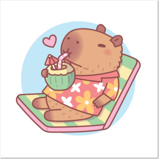 Cute Capybara Chilling With Coconut Drink Posters and Art