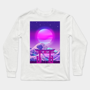 Great Wave off Kanagawa Torii Gate Synthwave Long Sleeve T-Shirt