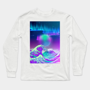 Great Wave off Kanagawa Synthwave AURORA Long Sleeve T-Shirt