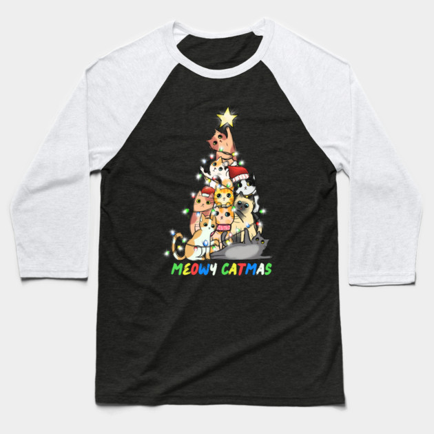 Meowy Catmas Cat Christmas Tree Baseball T-Shirt by The WYLD Tribe