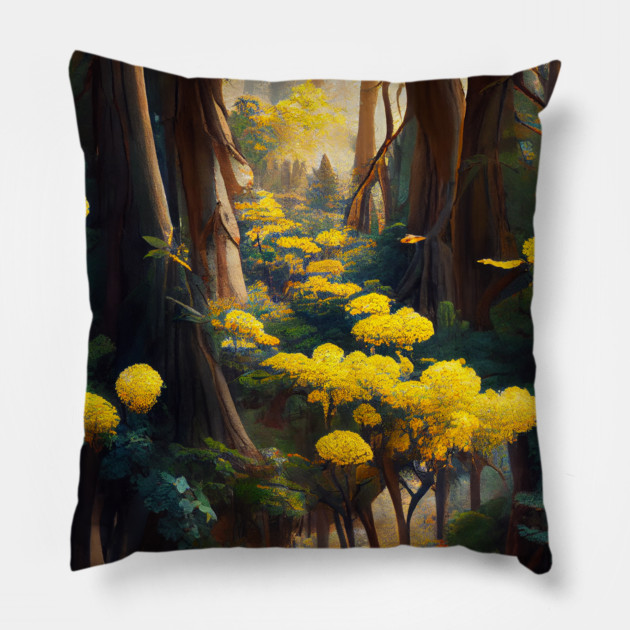 Yellow Flowers In Forest Pillow by yangho