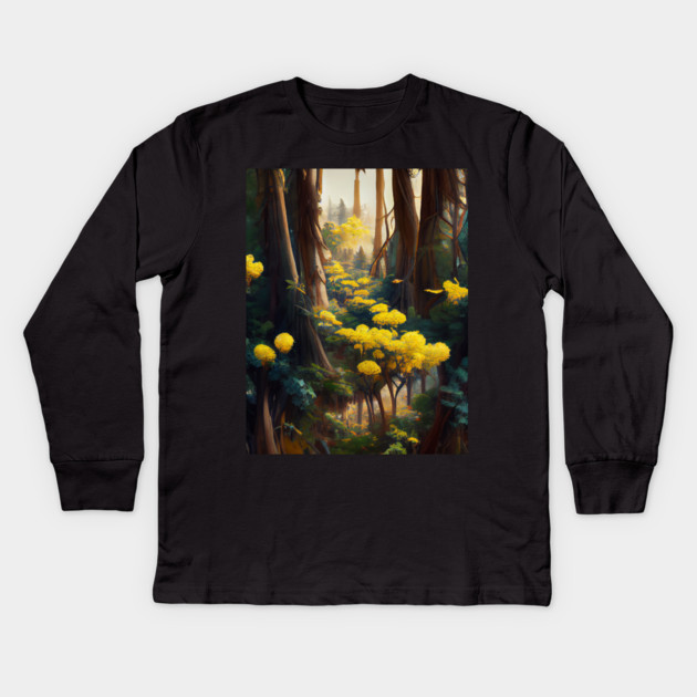 Yellow Flowers In Forest Kids Long Sleeve T-Shirt by yangho