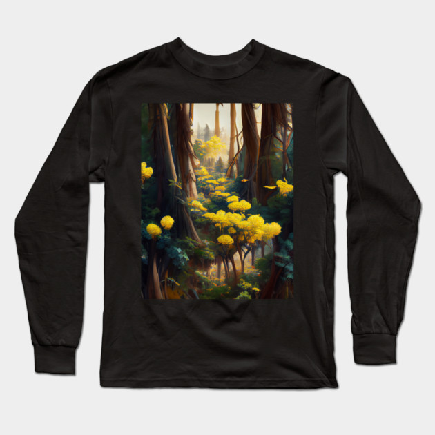 Yellow Flowers In Forest Long Sleeve T-Shirt by yangho