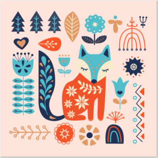 Soft And Sweet Scandinavian Fox Folk Art Posters and Art