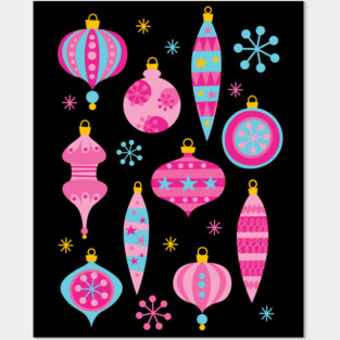 Retro Christmas Ornaments Pink - Mid Century Modern - Black Posters and Art