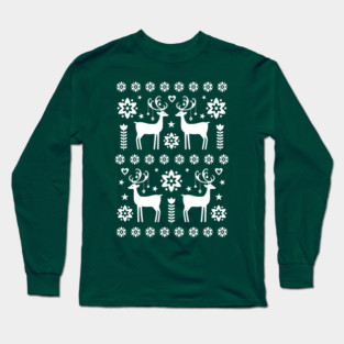 Scandinavian Classic Christmas Reindeer Pattern Green Long Sleeve T-Shirt