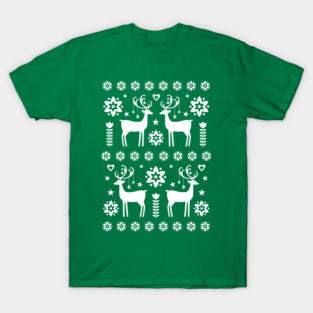 Scandinavian Classic Christmas Reindeer Pattern Green T-Shirt