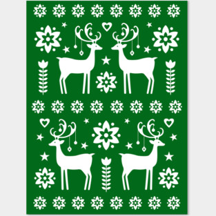 Scandinavian Classic Christmas Reindeer Pattern Green Posters and Art