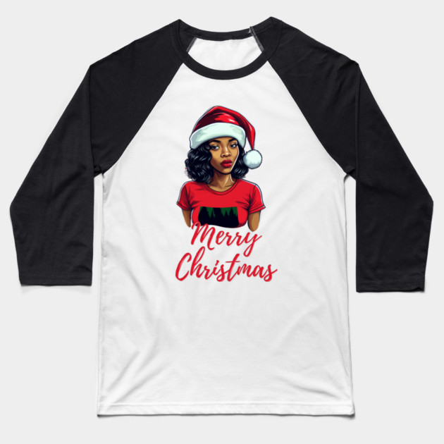 Black Woman Santa, Black Mrs Santa Claus, African American Santa, Merry Christmas Baseball T-Shirt by UrbanLifeApparel