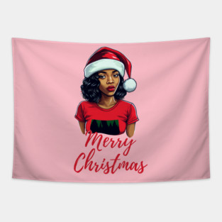 Black Woman Santa, Black Mrs Santa Claus, African American Santa, Merry Christmas Tapestry
