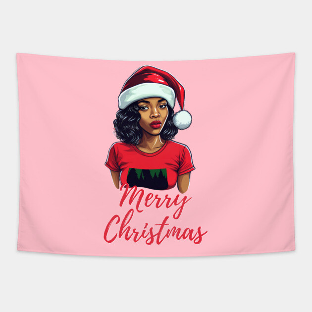 Black Woman Santa, Black Mrs Santa Claus, African American Santa, Merry Christmas Tapestry by UrbanLifeApparel