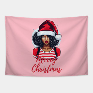 Black Woman Santa, Black Mrs Santa Claus, African American Santa, Merry Christmas Tapestry