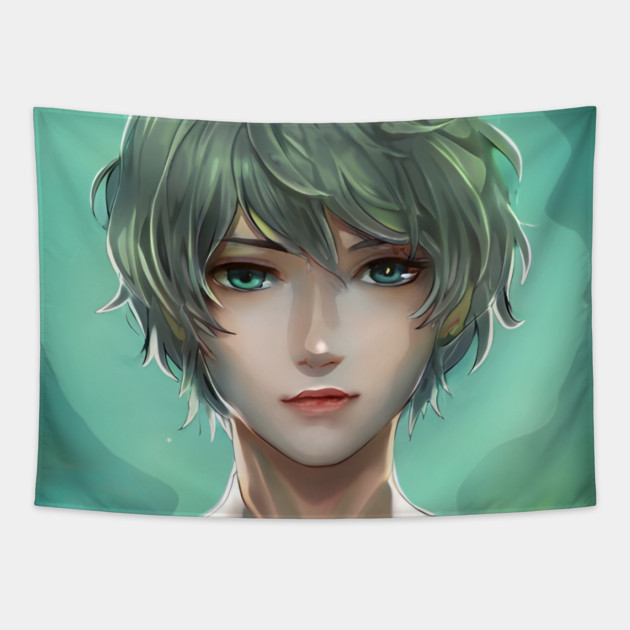 Green Hair Anime Boy Tapestry by animegirlnft