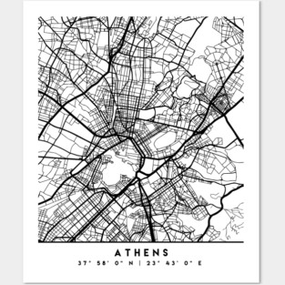 ATHENS GREECE BLACK CITY STREET MAP ART Posters and Art
