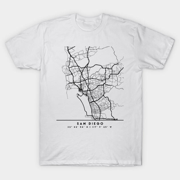 SAN DIEGO CALIFORNIA BLACK CITY STREET MAP ART T-Shirt by deificusArt