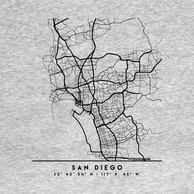 SAN DIEGO CALIFORNIA BLACK CITY STREET MAP ART by deificusArt