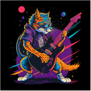 Retrowave Rockstar Cat Posters and Art