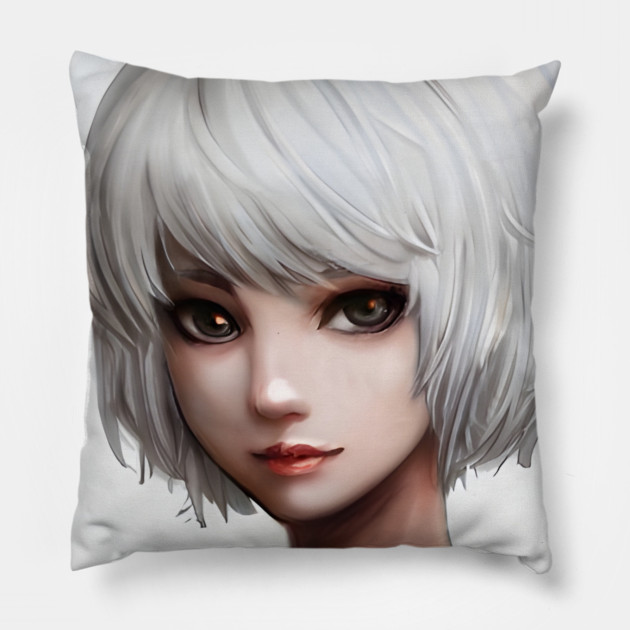 White Hair Anime Girl Pillow by animegirlnft