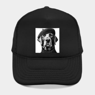 Labrador Retriever dog wearing a Beret and Black Turtleneck Hat