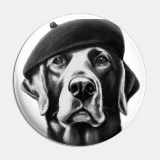 Labrador Retriever dog wearing a Beret and Black Turtleneck Pin