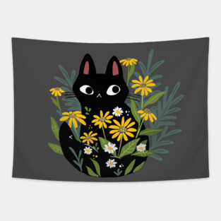 Black Cat In The Flowers Tapestry