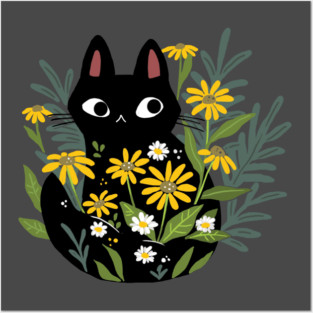 Black Cat In The Flowers Posters and Art
