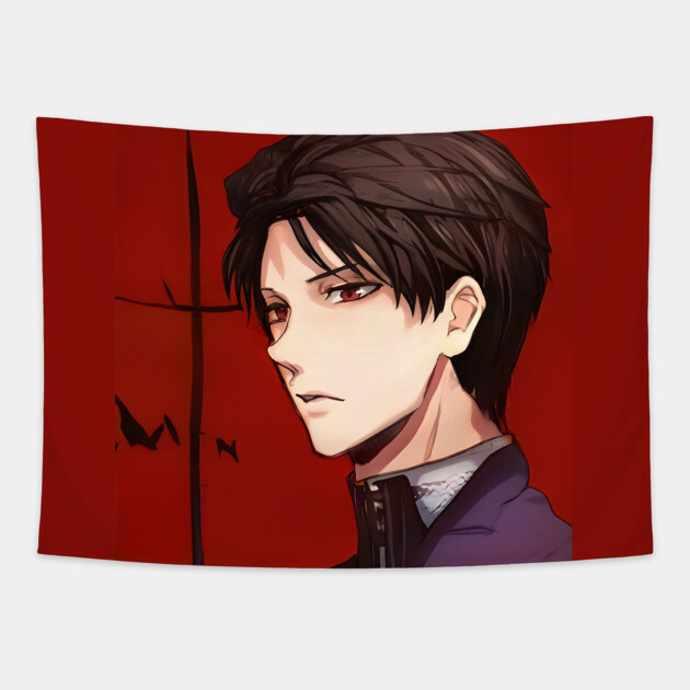 Dark Brown Hair Emo Anime Boy Tapestry by animegirlnft