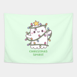 Funny Christmas Spirit, Cute Ghost With Christmas Lights Tapestry