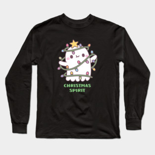 Funny Christmas Spirit, Cute Ghost With Christmas Lights Long Sleeve T-Shirt