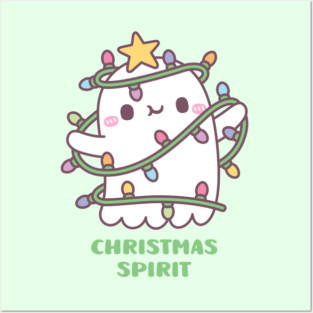 Funny Christmas Spirit, Cute Ghost With Christmas Lights Posters and Art