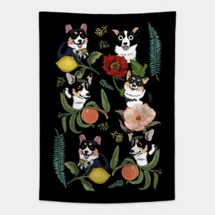 Botanical and Black Corgi Tapestry