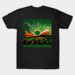 Bold, dramatic image of a green sun with rays extending out as it shines T-Shirt